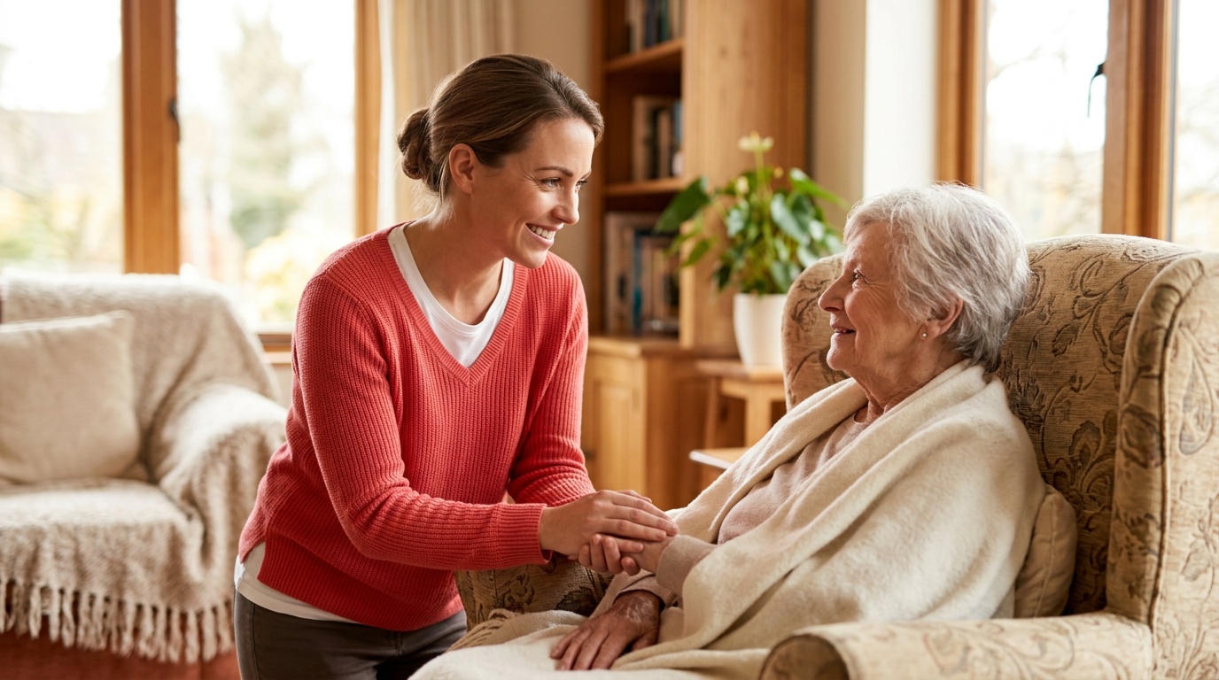 Betreuungskraft begleitet eine ältere Person bei einer Alltagsaktivität