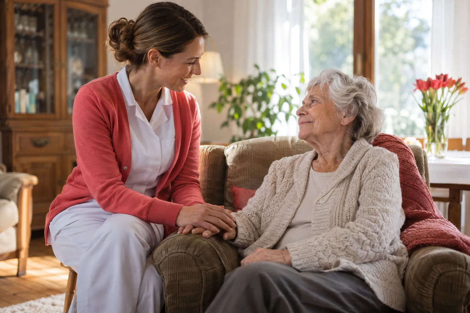 Caregiver and elderly person sharing a comfortable moment in a cozy home