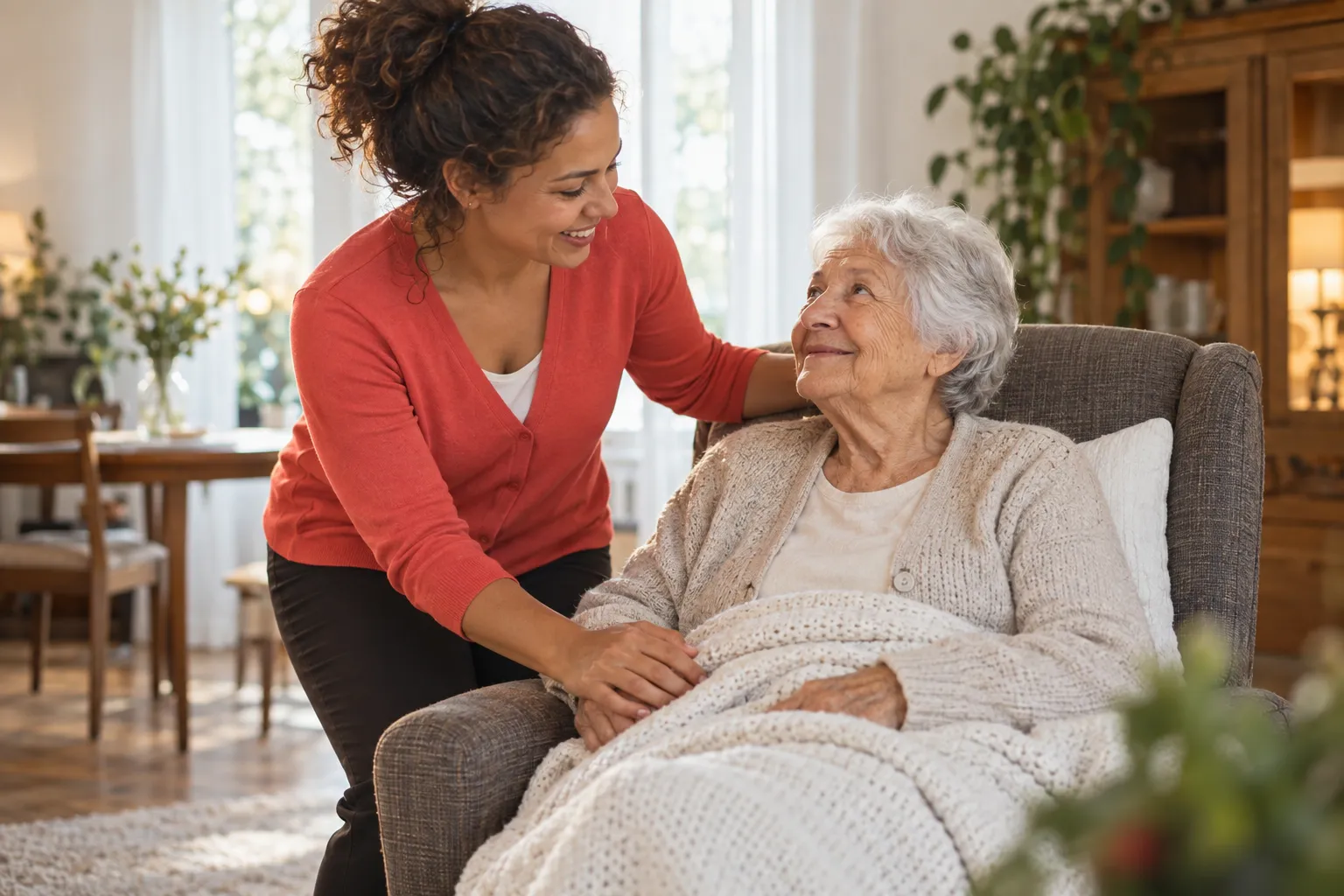 Lächelnde Pflegekraft und ältere Person in gemütlicher deutscher Wohnumgebung