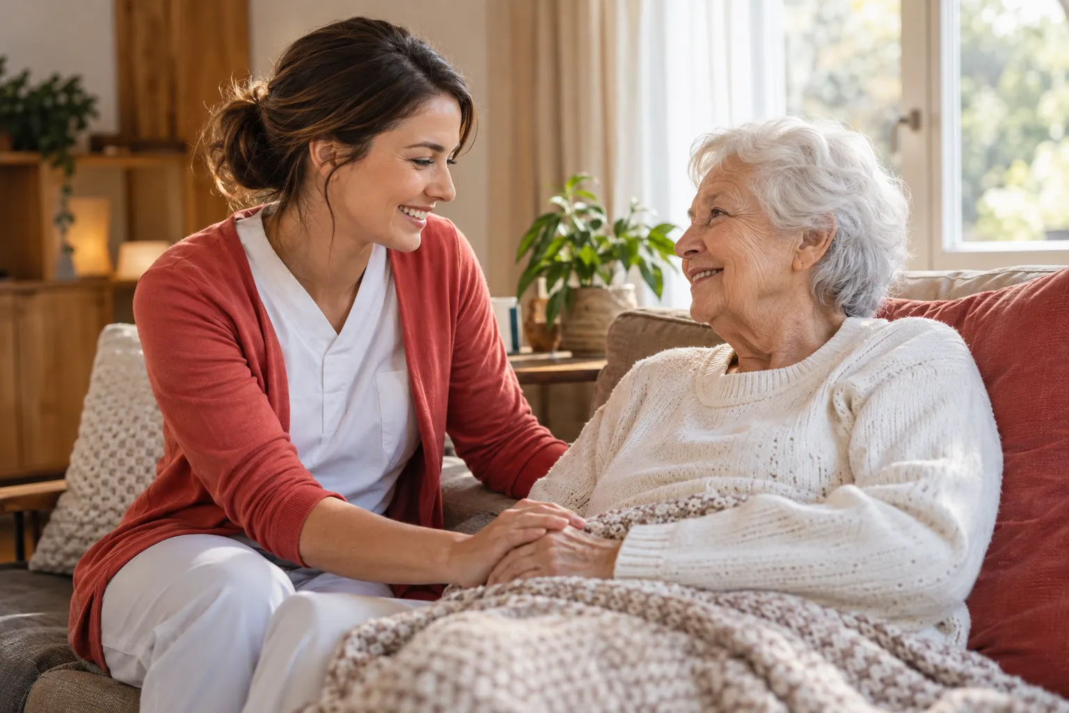 Smiling caregiver warmly assisting comfortable elderly person in cozy home setting