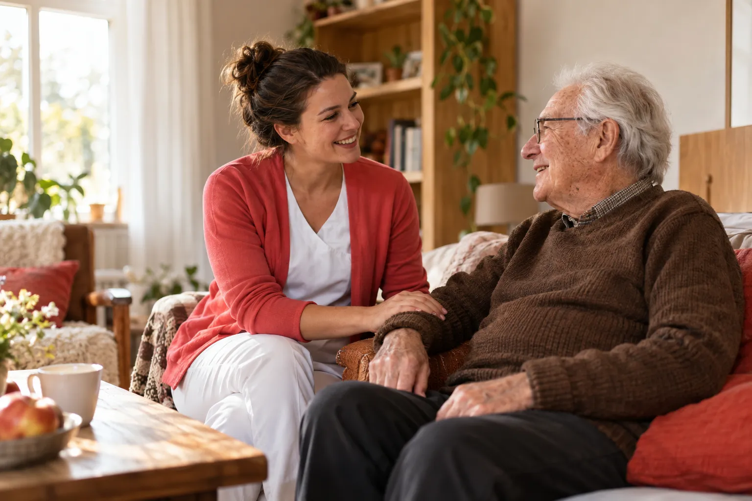 Lächelnde Pflegekraft sitzt mit einer älteren Person in gemütlicher häuslicher Umgebung