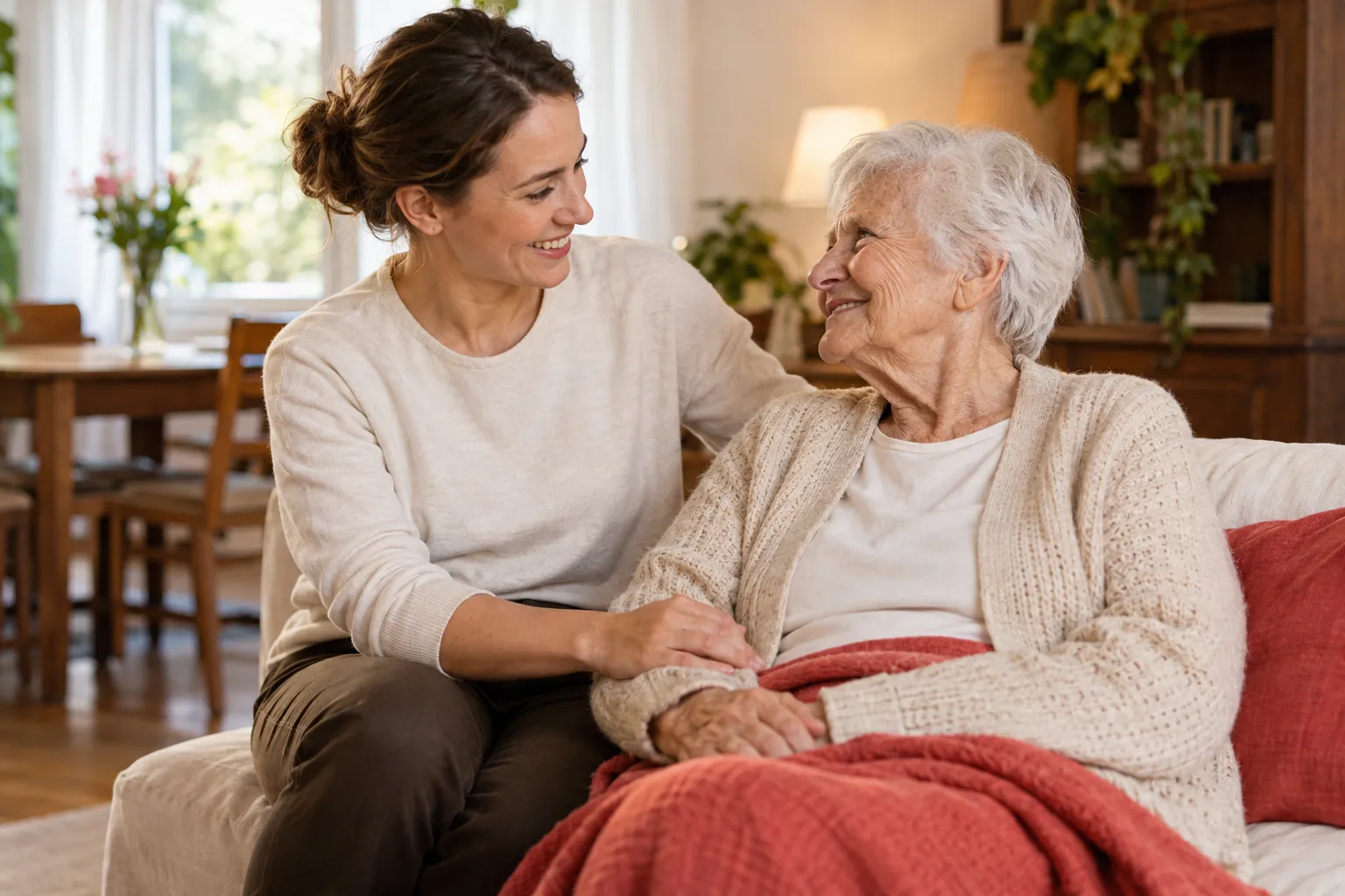 Lächelnde Pflegekraft sitzt mit einer älteren Person in einem gemütlichen Wohnzimmer