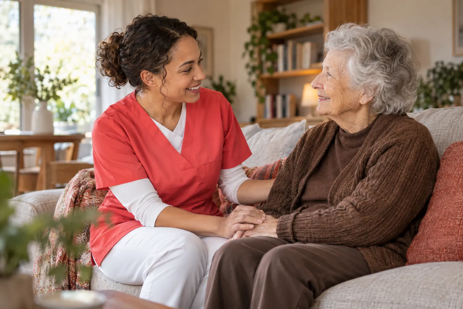 Lächelnde Pflegekraft, die zu Hause herzlich neben einer älteren Person sitzt