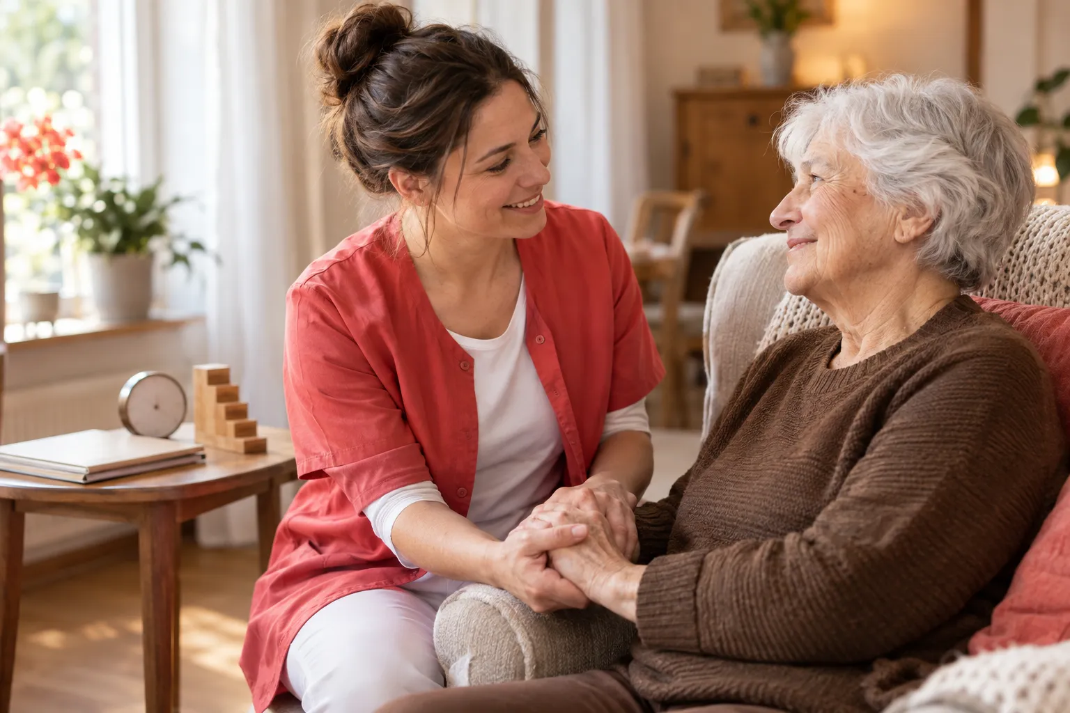 Lächelnde Pflegekraft sitzt mit einer älteren Person in einer gemütlichen häuslichen Umgebung